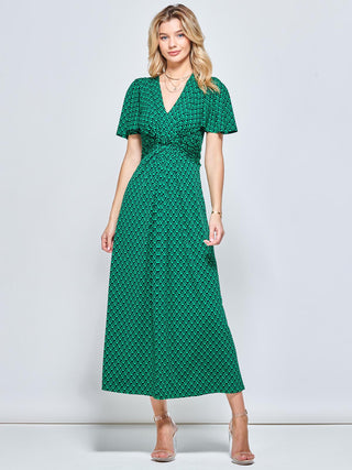 Plunge Neck Twist Front Maxi Dress, Green Geometric