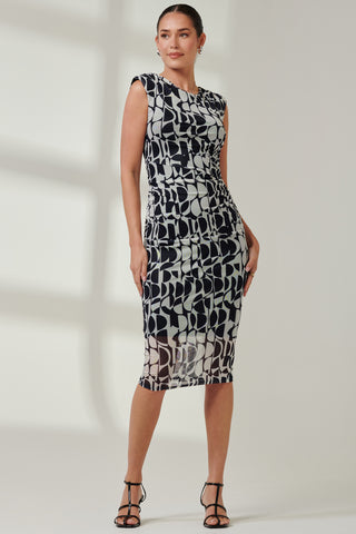 Sleeveless Bodycon Midi Dress, Navy Geo