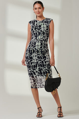 Sleeveless Bodycon Midi Dress, Navy Geo