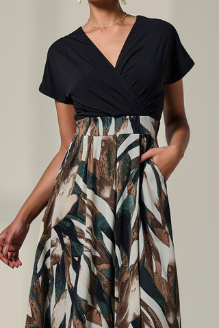 Short Sleeve Two Tone Midaxi Dress, Black Abstract