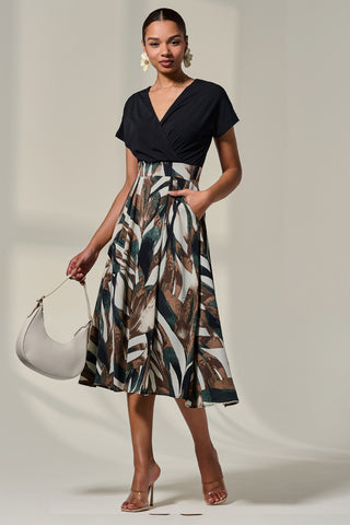 Short Sleeve Two Tone Midaxi Dress, Black Abstract