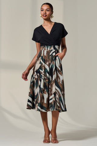 Short Sleeve Two Tone Midaxi Dress, Black Abstract