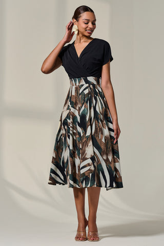 Short Sleeve Two Tone Midaxi Dress, Black Abstract