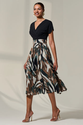 Short Sleeve Two Tone Midaxi Dress, Black Abstract