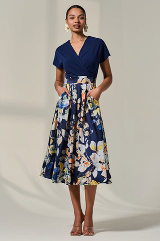 Short Sleeve Two Tone Midaxi Dress, Navy Floral