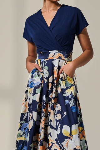 Short Sleeve Two Tone Midaxi Dress, Navy Floral