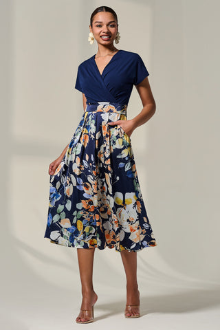 Short Sleeve Two Tone Midaxi Dress, Navy Floral