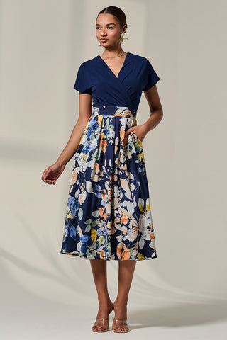 Short Sleeve Two Tone Midaxi Dress, Navy Floral