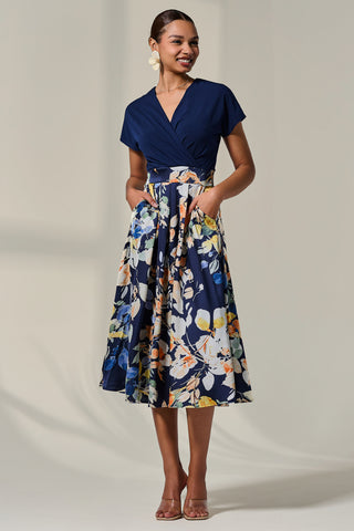 Short Sleeve Two Tone Midaxi Dress, Navy Floral