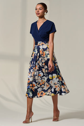 Short Sleeve Two Tone Midaxi Dress, Navy Floral