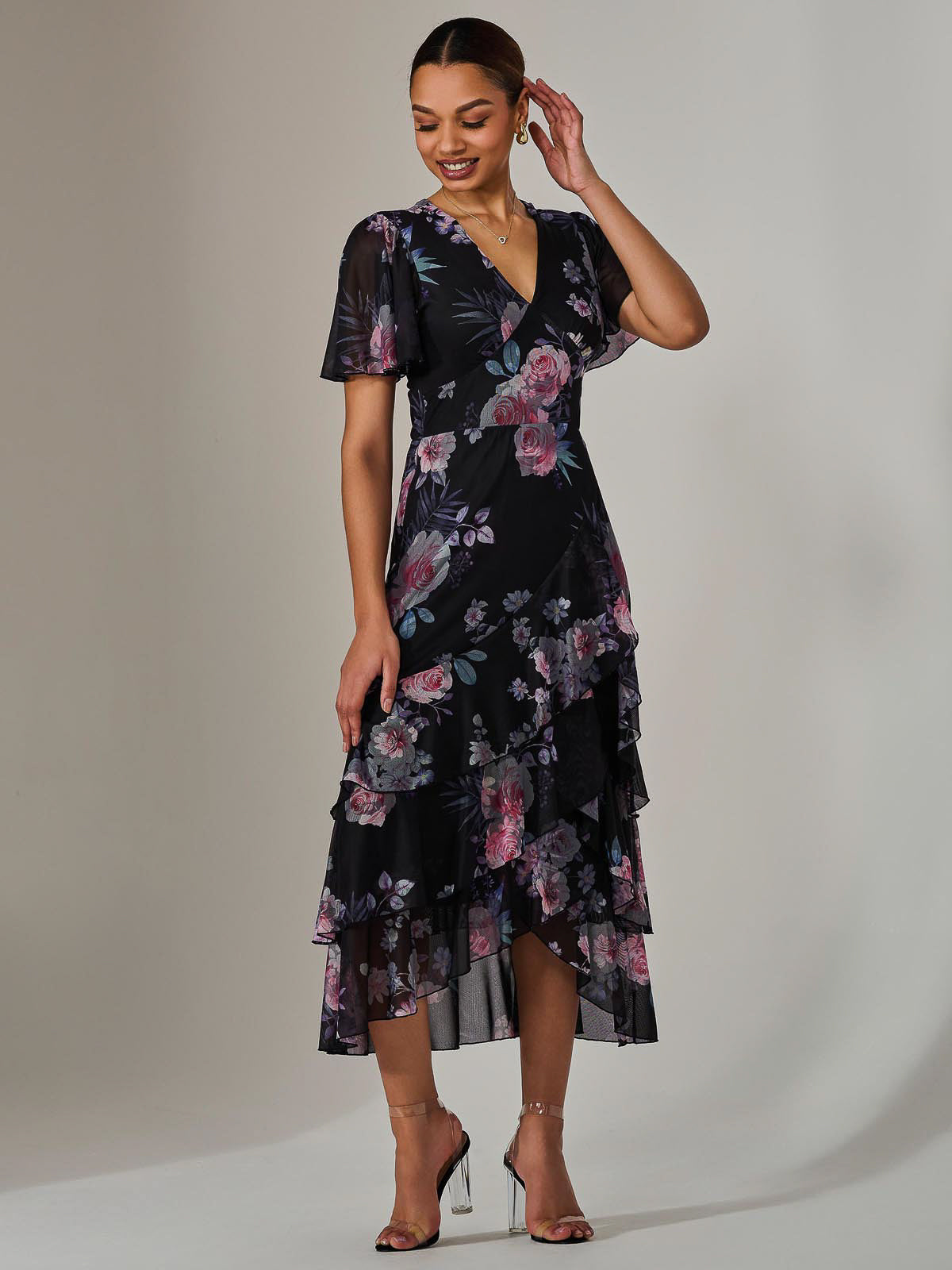 Mesh Print Frill Hem Midaxi Dress, Black Floral – Jolie Moi Retail