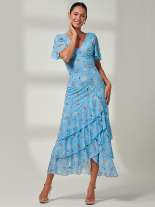 Blue Floral Print, Frill Hem Mesh Maxi Dress, Front Side