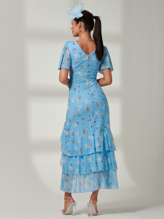 Blue Floral Print, Frill Hem Mesh Maxi Dress, Back SIde