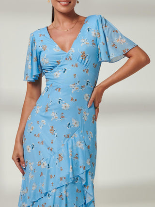 Blue Floral Print, Frill Hem Mesh Maxi Dress, V-neckline Detail Image