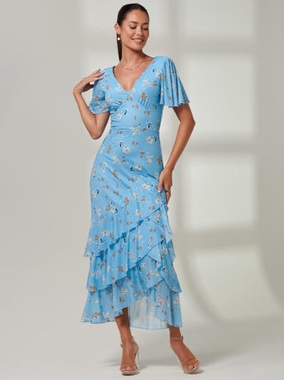 Daleysa Frill Hem Mesh Maxi Dress, Blue Floral, Short cap sleeves, Front Image
