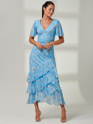 Blue Floral Print, Frill Hem Mesh Maxi Dress, Right SIde