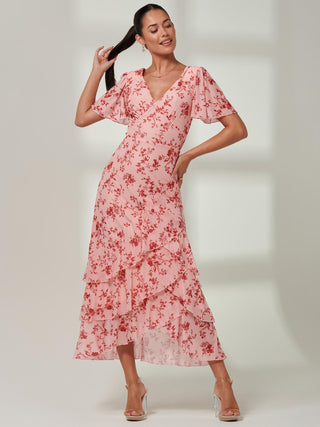 Daleysa Frill Hem Mesh Maxi Dress, Coral Pink,Short Cap Sleeves, Front side