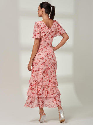Daleysa Frill Hem Mesh Maxi Dress, Coral Pink,Short Cap Sleeves, Back Side