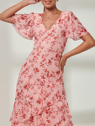 Daleysa Frill Hem Mesh Maxi Dress, Coral Pink,Short Cap Sleeves, Detail Image