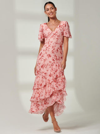 Daleysa Frill Hem Mesh Maxi Dress, Coral Pink,Short Cap Sleeves,High-low tiered hemline detail, Front Image
