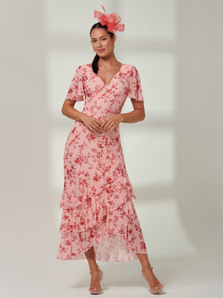 Frill Hem Mesh Maxi Dress, Coral Pink, Floral Print all over, Front Image