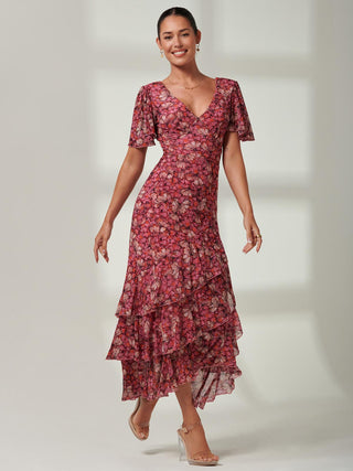 Frill Hem Mesh Maxi Dress, Short cap sleeves, Pink, Floral Print