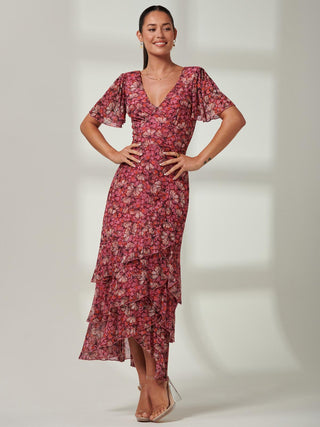 Frill Hem Mesh Maxi Dress, Short cap sleeves, Pink, Flattering V neckline detail, Front Image
