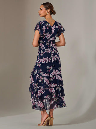 navy floral print frill detail wrap maxi dress navy floral print frill detail wrap maxi dress