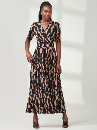 Half Sleeve Jersey Maxi Dress, Brown Pattern Jolie Moi Retail Half Sleeve Jersey Maxi Dress, Brown Pattern Jolie Moi Retail