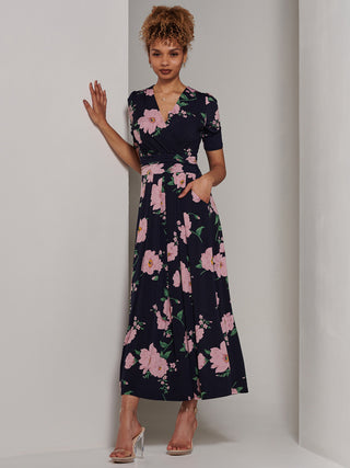 Kenzie Half Sleeve Jersey Maxi Dress, Navy Floral