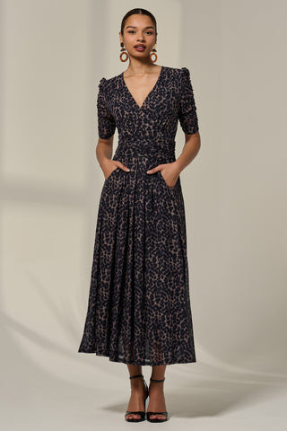 Ruched Sleeve Mesh Dress, Brown Leopard