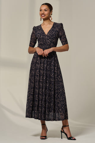 Ruched Sleeve Mesh Dress, Brown Leopard