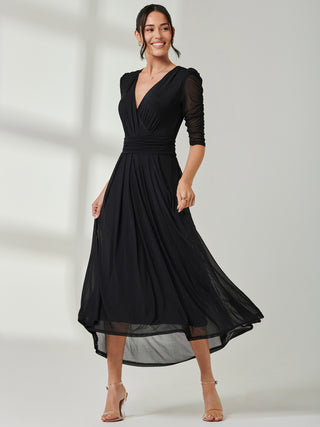 Aneissa Ruched Sleeve Mesh Maxi Dress, Black