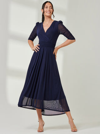 Aneissa Ruched Sleeve Mesh Maxi Dress, Navy