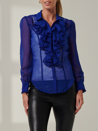 Chiffon Ruffle Front Shirt, Royal Blue