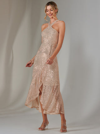 Cross Neck Frill Hem Maxi Dress, Rose Gold – Jolie Moi Retail