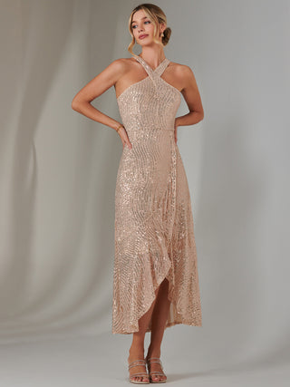 Cross Neck Frill Hem Maxi Dress, Rose Gold Jolie Moi Retail Cross Neck Frill Hem Maxi Dress, Rose Gold Jolie Moi Retail