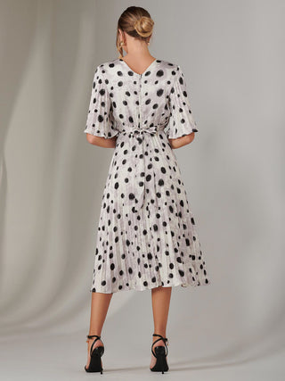 Pleated Wrap Midi Dress, White Polka Dot