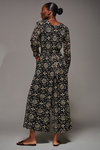 Lace Wrap Tie Waist Long Sleeve Jumpsuit, Black Pattern