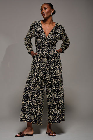 Lace Wrap Tie Waist Long Sleeve Jumpsuit, Black Pattern