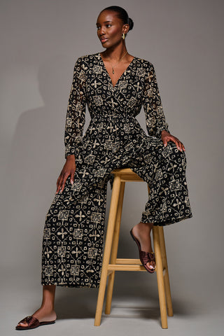 Lace Wrap Tie Waist Long Sleeve Jumpsuit, Black Pattern