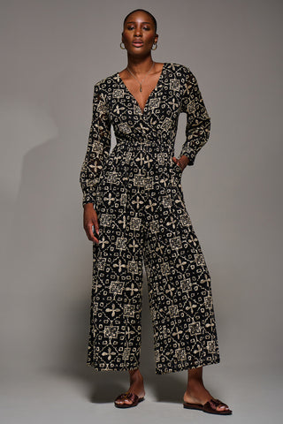 Lace Wrap Tie Waist Long Sleeve Jumpsuit, Black Pattern