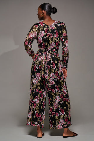 Lace Wrap Tie Waist Long Sleeve Jumpsuit, Multi Floral