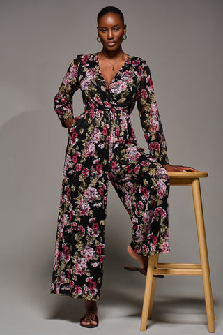 Lace Wrap Tie Waist Long Sleeve Jumpsuit, Multi Floral