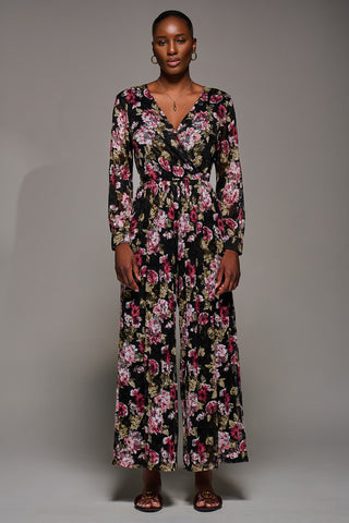 Lace Wrap Tie Waist Long Sleeve Jumpsuit, Multi Floral