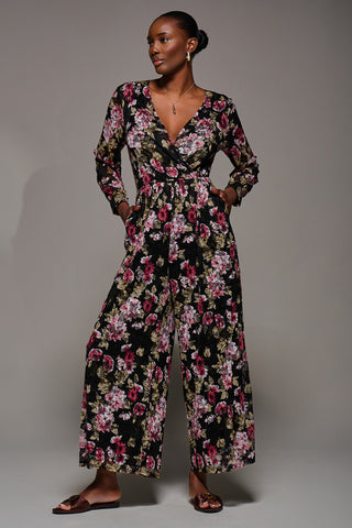 Lace Wrap Tie Waist Long Sleeve Jumpsuit, Multi Floral
