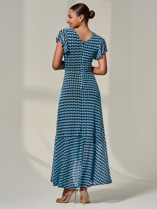 Printed Mesh Maxi Dress, Blue Geo
