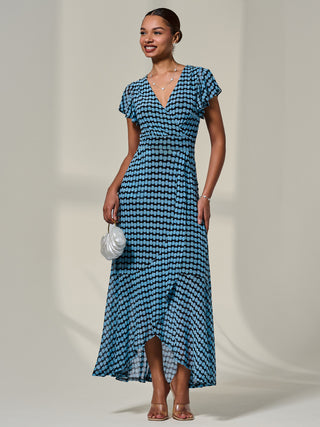 Printed Mesh Maxi Dress, Blue Geo