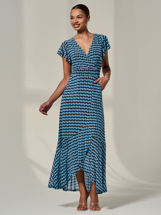 Printed Mesh Maxi Dress, Blue Geo