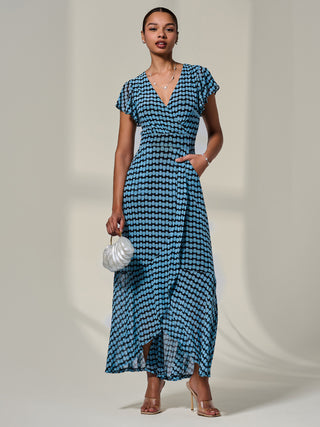 Printed Mesh Maxi Dress, Blue Geo